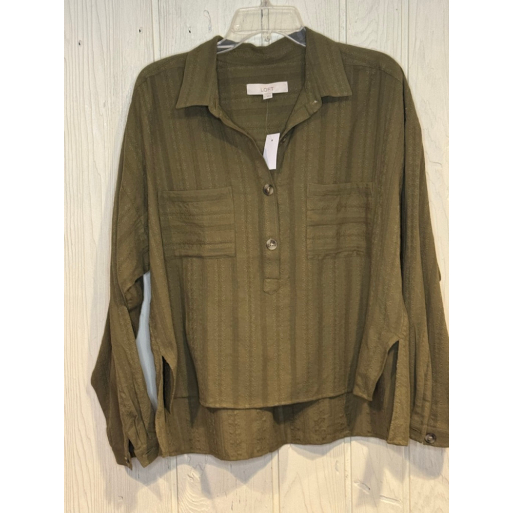 NWT LOFT Olive Green Textured Pullover Button Down Shirt L